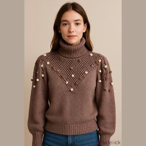 Vintage Oscar Valentino Mocha Mohair Metallic Aran Knit Roll Neck Sweater IT 40